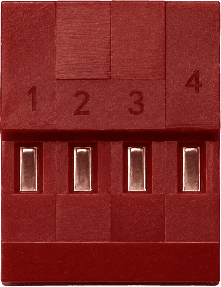 Front view of the four-position harness connector with molded pin numbers 1 through 4