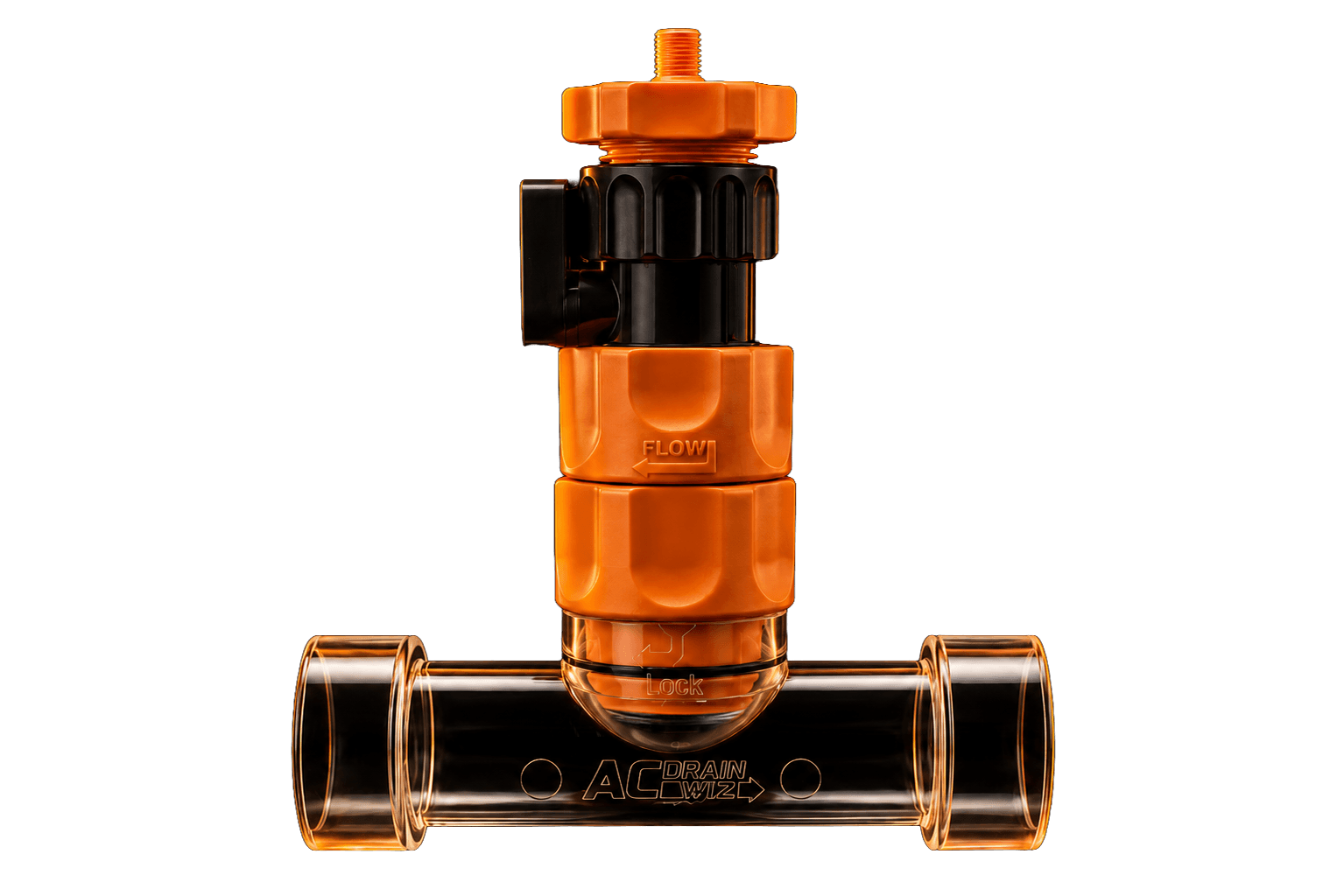 AC Drain Wiz Mini full vertically stacked components on a transparent T-manifold