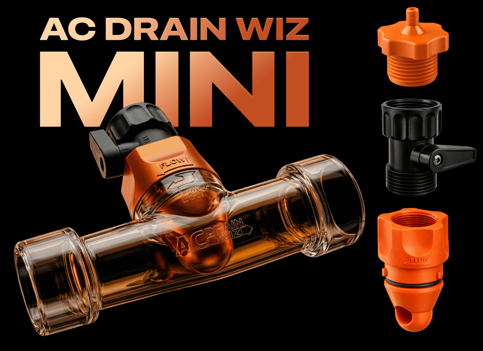 AC Drain Wiz Mini with labeled parts on a condensate drain line